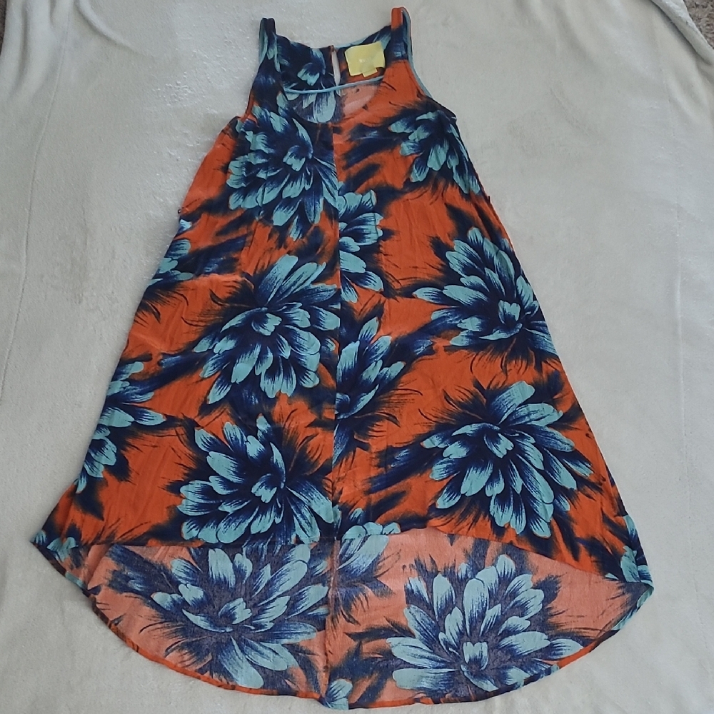 Maeve Anthropologie Floral Boho Swing Dress Orange Blue Racerback Size 4 Summer
